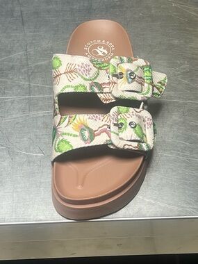 Scotch & Soda Pink Tan Platform Slides with Green Floral Straps